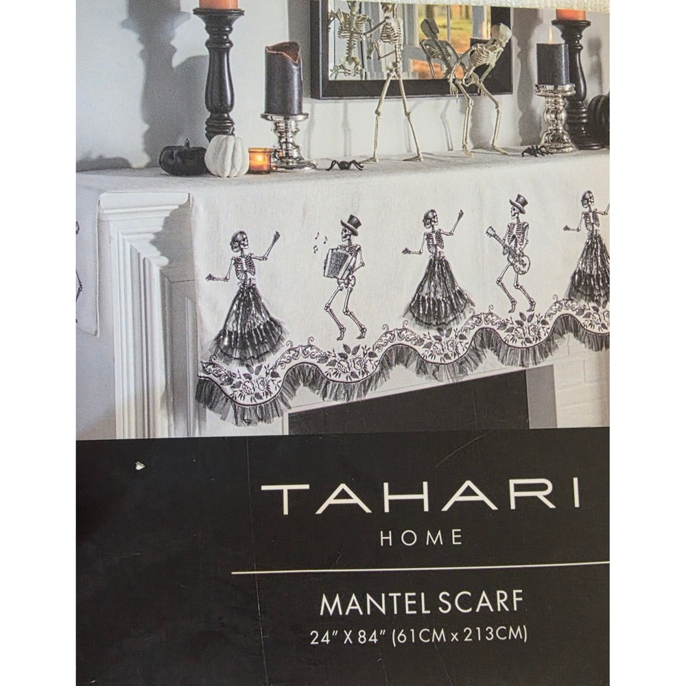 Tahari 24x84 Mantel Scarf beaded Skeletons Dance Halloween Decor day of the dead